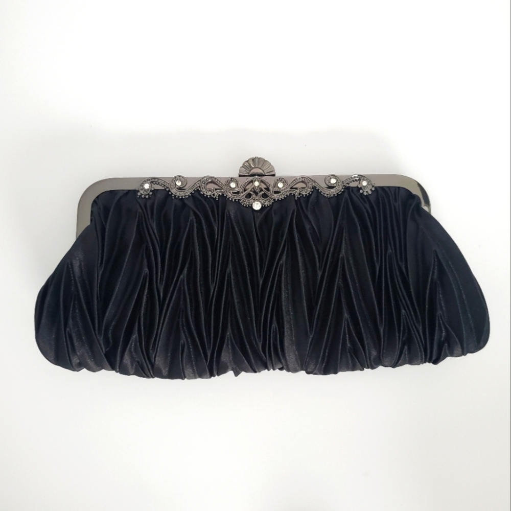 Vintage Black Satin Evening Clutch Purse Handbag Micro Pleated Embellished Clasp